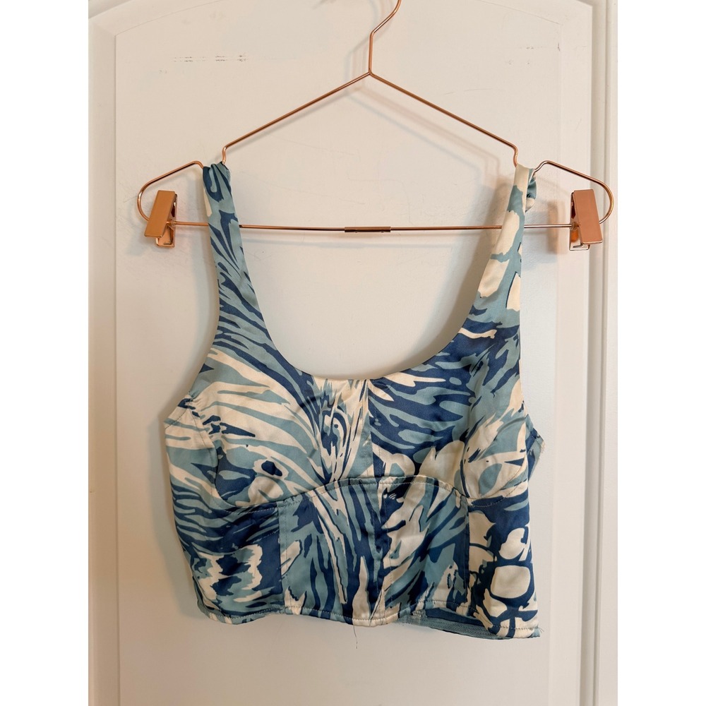 House of Harlow 1960 Crop Top Womens Medium Blue White Abstract Tropical Bustier